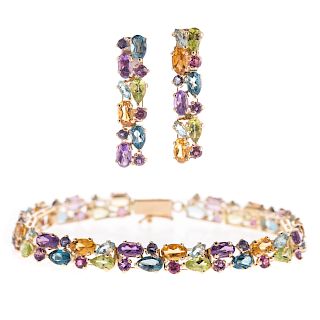 A Ladies Multi Gemstone Bracelet & Earring in 14K