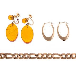 A Gold Bracelet and 2 Pairs of Earrings
