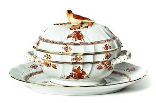 A Herend Porcelain Covered Tureen and Undertray, Width of wider 17 inches.