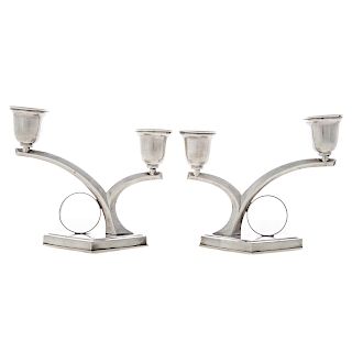Pair Art Deco silver two-arm candlesticks