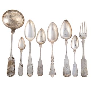 Large collection of American coin silver spoons & ladle