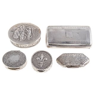 Five assorted Continental diminutive silver boxes