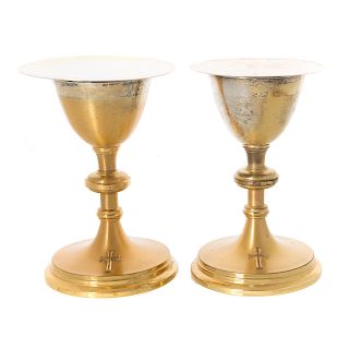 Pair gilt sterling silver chalices and patens