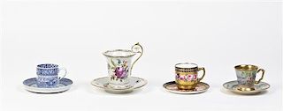 A Collection of Nine Porcelain Cabinet Cups and Saucers, Height of tallest teacup 4 inches.