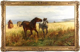 W.H.B. Davis, English 19th/20th Oil, Horses by Sea