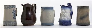 Five American Pottery Pitchers, Height of tallest 9 1/2 inches.