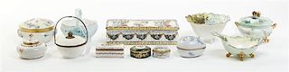 A Collection of Nine Continental Porcelain Boxes, Width of widest 9 1/2 inches.