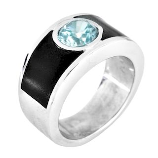 Man's Platinum, Coral and Blue Zircon Ring