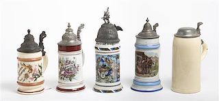 A Collection of Five German Porcelain Steins, Height of tallest 12 inches.