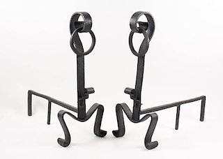 Pair of Black Painted Forged Iron Andirons