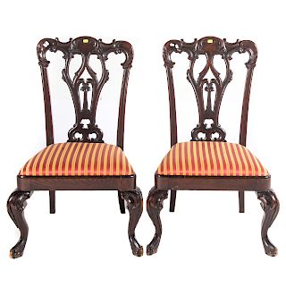 Pair Gothic Chippendale style walnut side chairs