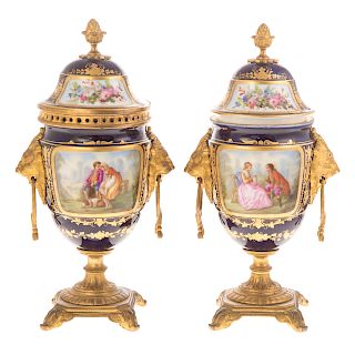 Pair Sevres manner gilt-metal-mounted urns