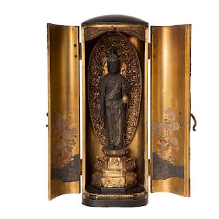 Japanese carved wood and lacquer portable shrine