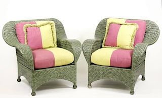 Pair of Green Wicker Outdoor Armchairs