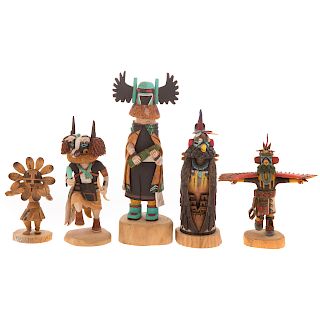 Five Native American cottonwood Kachina figures