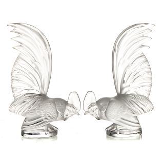 Pair Lalique partially frosted crystal roosters