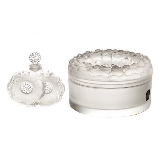 Lalique crystal powder box and scent bottle