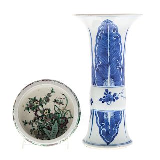 Chinese blue/white vase and Famille Verte bowl