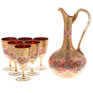 Continental ruby and enamel glass ewer set