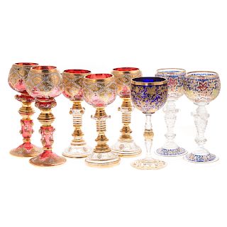 Eight German glass roemers and wine stems