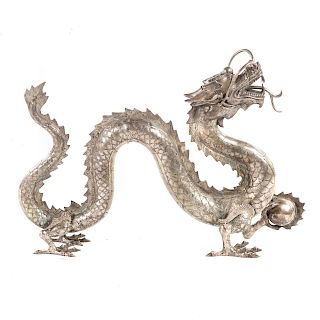 Large Asian silvered metal dragon