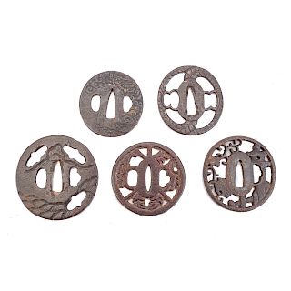 Five Japanese cast iron tsubas