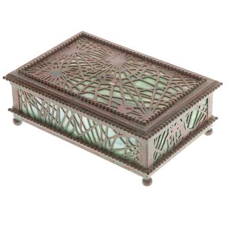 Tiffany patinated bronze and glass desk box