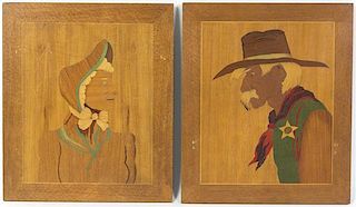 Two Marquetry Wood Plaques, Height 11 3/4 inches.
