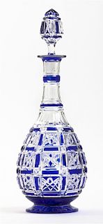 A Victorian Blue Cut to Clear Glass Decanter, Height 13 1/2 inches.