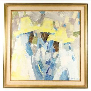 Modern Acrylic, 3 Figures in Hats, Signed