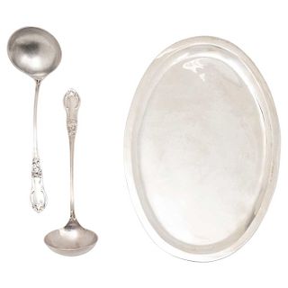 A STERLING SILVER TRAY AND A PAIR OF STERLING SILVER LADLES.