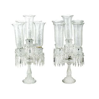 A PAIR OF GLASS CANDELABRA.