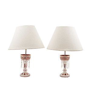 A PAIR OF OVELAY GLASS TABLE LAMPS. 