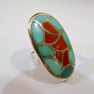NAVAJO STERLING SILVER CORAL TURQUOISE RING
