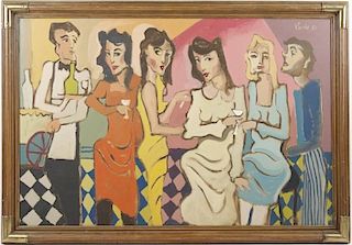 Modern 1980s Cocktail Party Painting, Signed