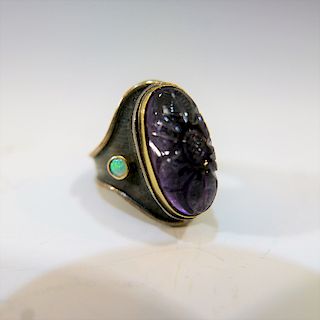 NAVAJO STERLING SILVER AMETHYST RING WITH OPAL