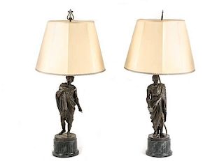 Pair of French Bronze Figural Lamps on Pedestals