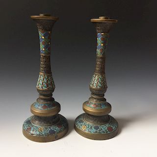 A PAIR CHINESE ANTIQUE CLOISONNE ENAMEL CANDLE HOLDER, 19TH