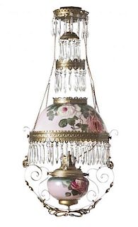 A Late Victorian Enameled Glass Hanging Oil Fixture, Height overall 38 inches.