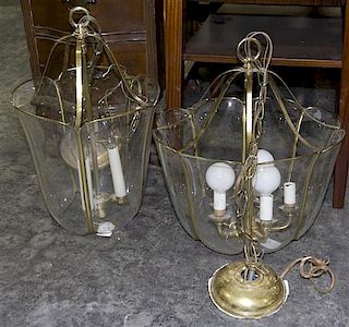 Two Brass and Acrylic Hanging Lanterns, Height of taller 14 x diameter 13 1/4 inches.