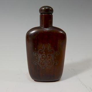 HARDWOOD CARVED SNUFF BOTTLE INLAID W/ SILVER WIRES OF FLORAL PATTERNS