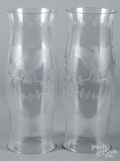 Pair of etched hurricane shades, with eagles