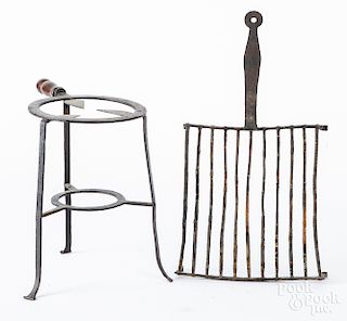 Wrought iron kettle stand, etc.