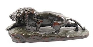 Sculpture of a Hunting Lion, Bronze Patina