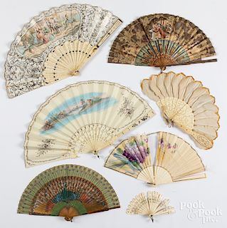 Seven hand fans, most 19th c., with bone handles.