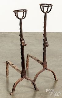 Pair of wrought iron andirons, 19th c., 26" h.