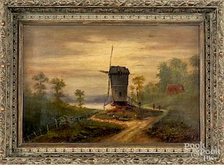 Continental oil on canvas landscape with windmill