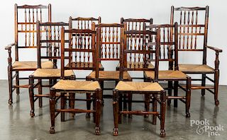 Set of nine English rush seat dining chairs