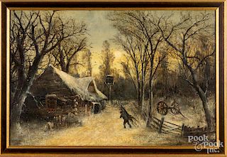 Oil on canvas winter landscape, 19th c., 20" x 30