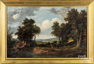English oil on canvas landscape with figures